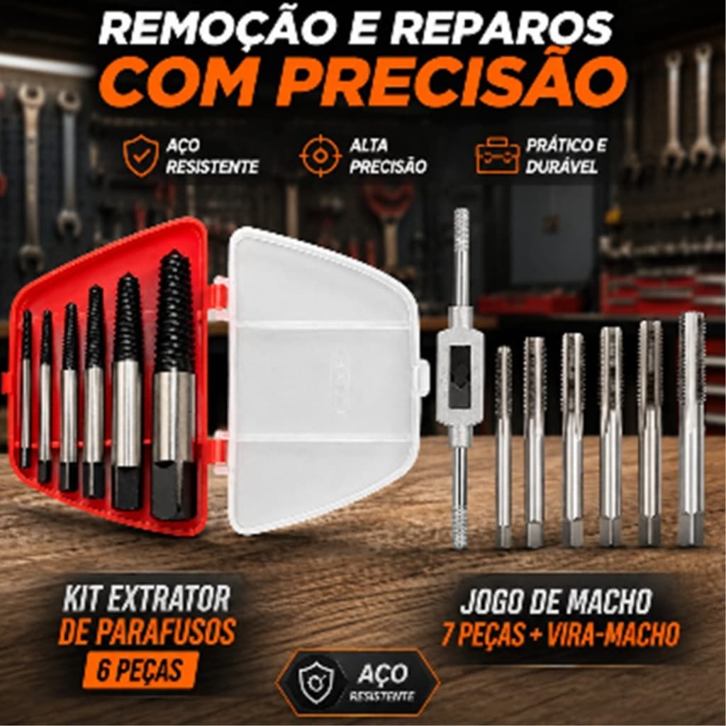 Extrator De Parafuso Quebrado Espanado 6 Peças Vira Macho Desandador M3-M12 8 Peças Aço Profissional