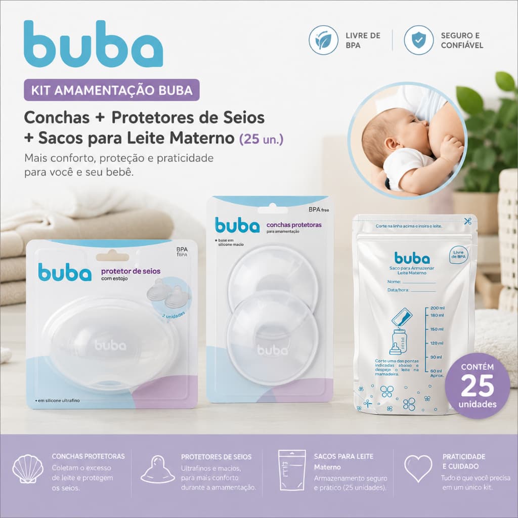 Kit Amamentação Buba  | Conchas + Protetores de Seios + Sacos para Leite Materno (25 un.)