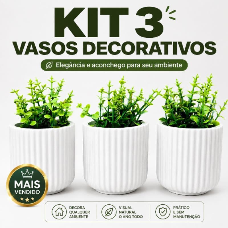 Kit 3 Vasos Decorativos com Planta Artificial | Decoração Minimalista Moderna Sala, Quarto, Escritório