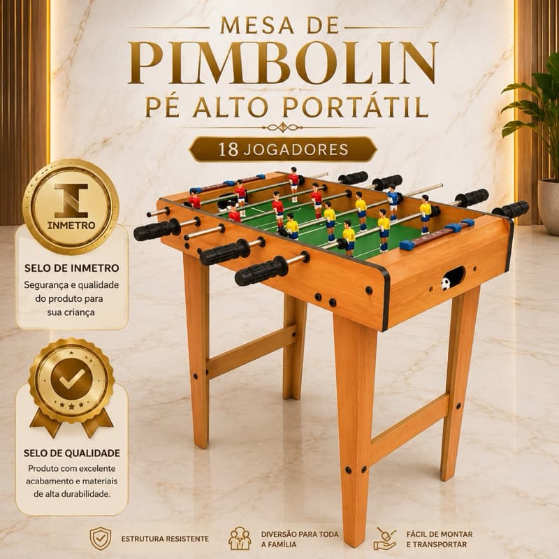 Mini Mesa Pebolim Infantil Totó com Pés Madeira Alto 60 cm 18 Jogadores