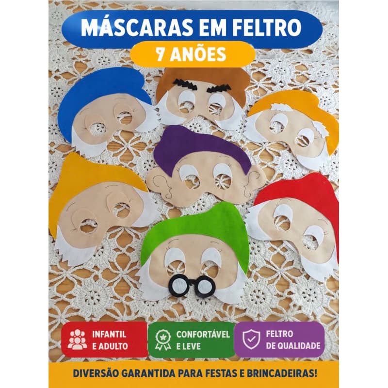 Kit com 7 máscaras Anões da Branca de Neve - adulto e infantil