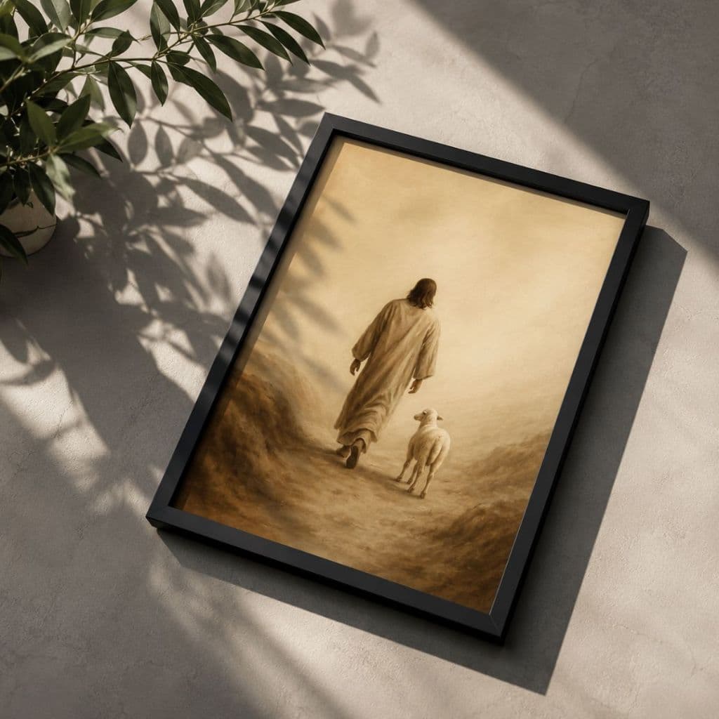 Quadro Decorativo Jesus Ovelha Cordeiro Cristão Fé Esperança Pastoreio Religioso 23x32cm (A4)