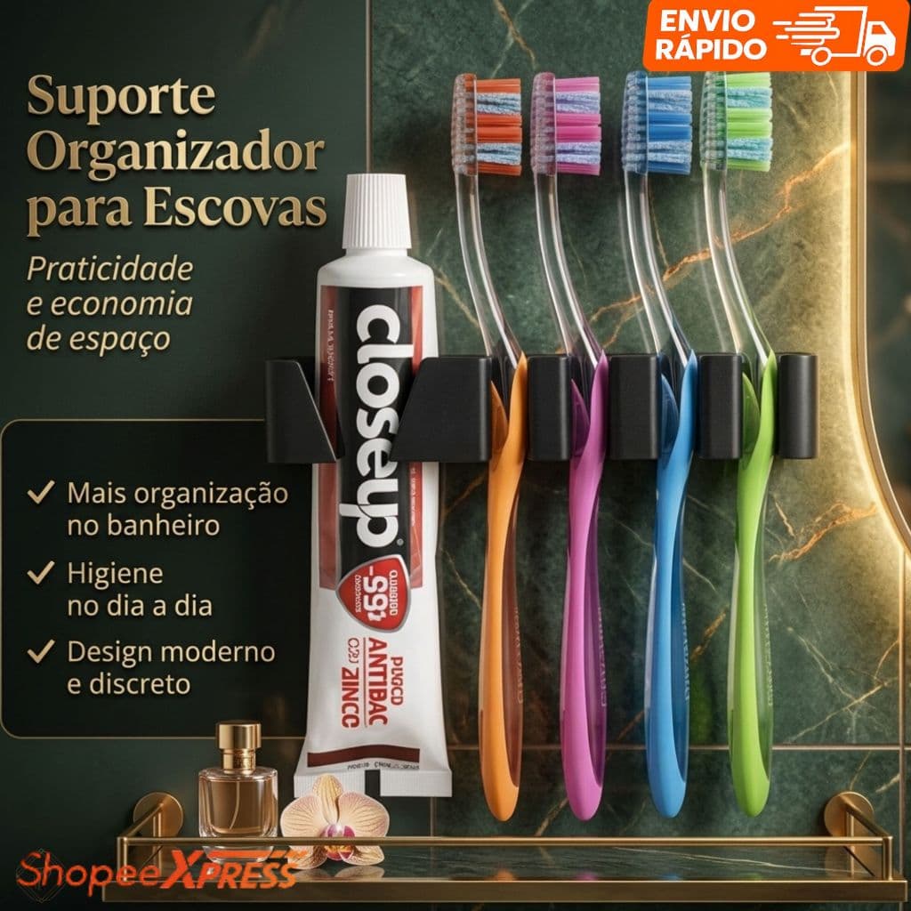 Suporte Porta Escovas e Creme Dental Parede Organizador Banheiro 4 Escovas