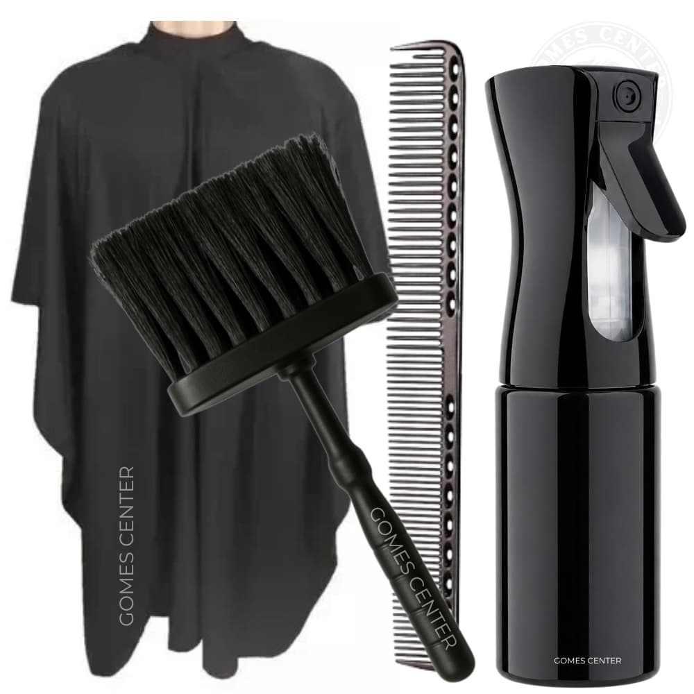 Kit Barbeiro Profissional Completo – Capa de Corte + Borrifador Névoa Contínua + Espanador + Pente