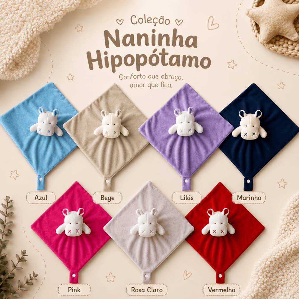 Naninha Bichinhos Bebe em Plush Prendedor Chupeta Hipopó Rosa Lilás Azul Marinho Vermelho Bege