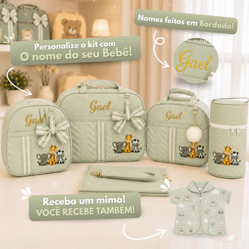 Bolsas de Maternidade Kit Completo com 5 peças tema Safári/Savana/Selva Personalizado com Nome