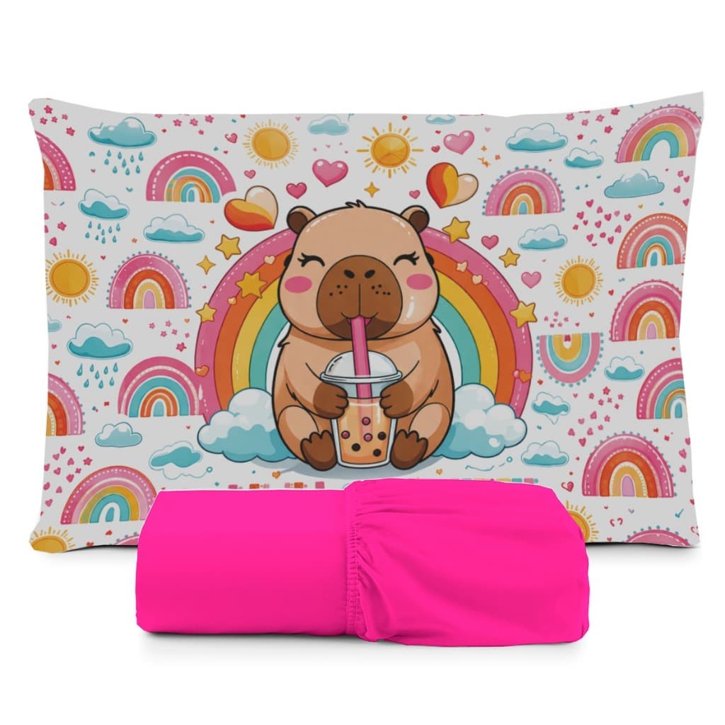 JOGO DE LENÇOL SOLTEIRO INFANTIL CAPIVARA CAPYBARA ARCO IRIS COLORIDO  FOFA LENÇOL DE ELASTICO