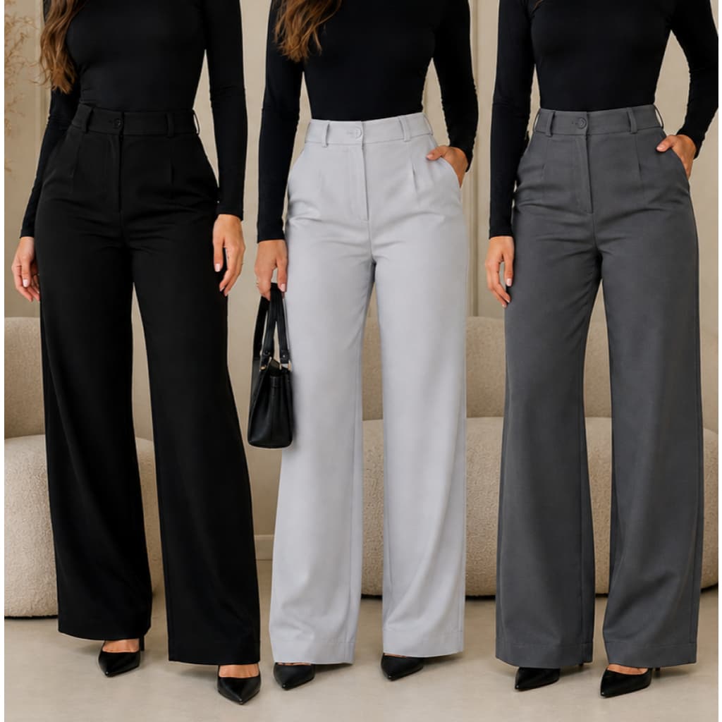 Calça Alfaiataria Feminina Pantalona Wide Leg – Cintura Alta com Bolsos Confortável
