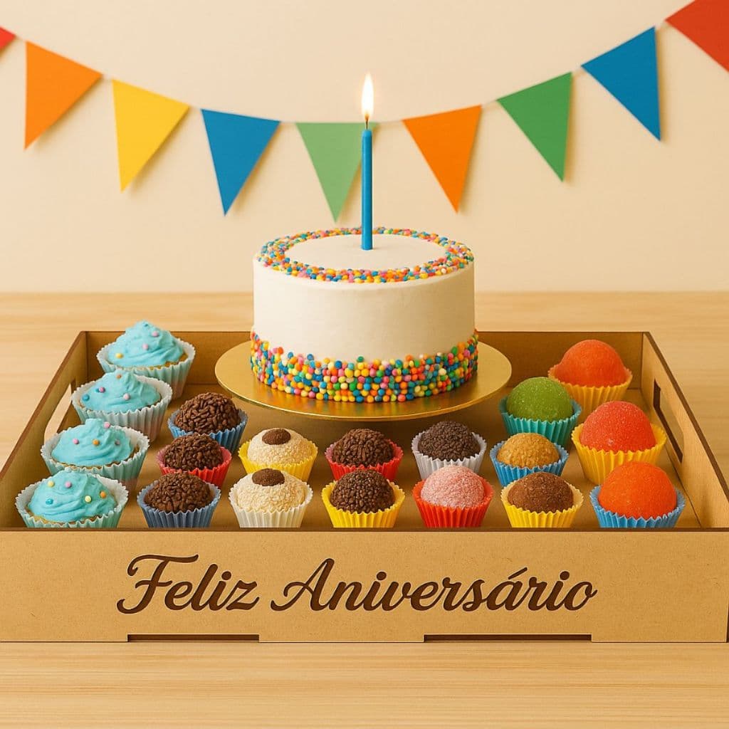 Kit 10 Bandeja Decorativa Feliz Aniversário Mdf Presente Cesta Café da Manhã
