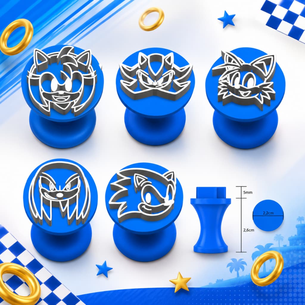 Kit 5 Carimbos de Docinhos Sonic Sega Brigadeiros Molde Modelador Confeiteiro Festa Aniversário