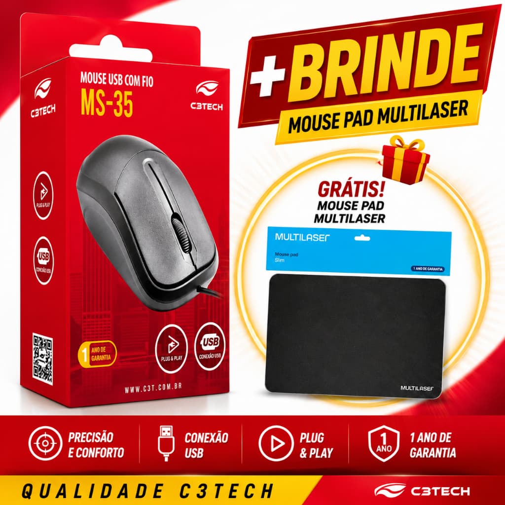 Mouse USB com Fio C3Tech MS-35 + Mouse Pad Multilaser de BRINDE