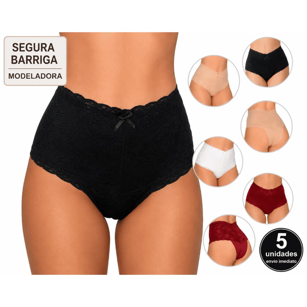 Kit 5 Calcinhas Cós Alto Renda Segura Barriga Cintura Alta Modeladora Forro Algodão Pós Parto