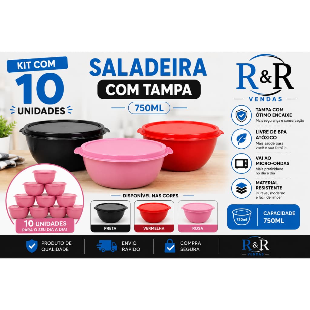 Saladeira Com Tampa 750ml 10 Unidades