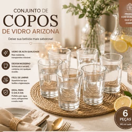 Jogo 6 Copos de Vidro Arizona 190ml Transparente Resistente para Água e Suco