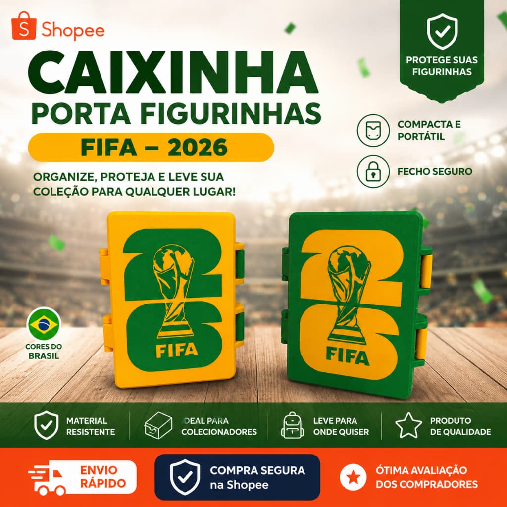 Caixinha de Figurinhas da Copa do Mundo Verde e Amarela  Para Colecionar, Trocar e Completar Álbum
