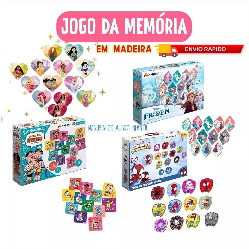 Jogo da Memória Spidey Frozen Princesas Turma da Monica Disney Homen Aranha- madeira Xalingo educativo