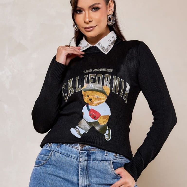 Blusa Feminina Estilosa Ursinho Manga Longa Inverno Roupa Feminina Confortável Macia Tamanho M