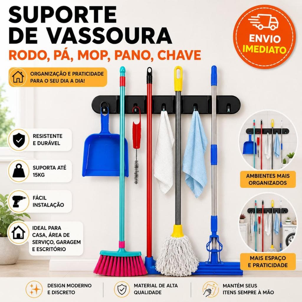 Suporte Parede Organizador Vassoura Rodo Pá Mop Pano Chave Preto