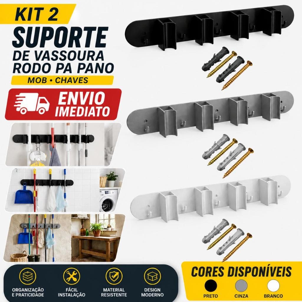 Kit 2 Suporte Parede Organizador Vassoura Rodo Pá Mop Pano Chave