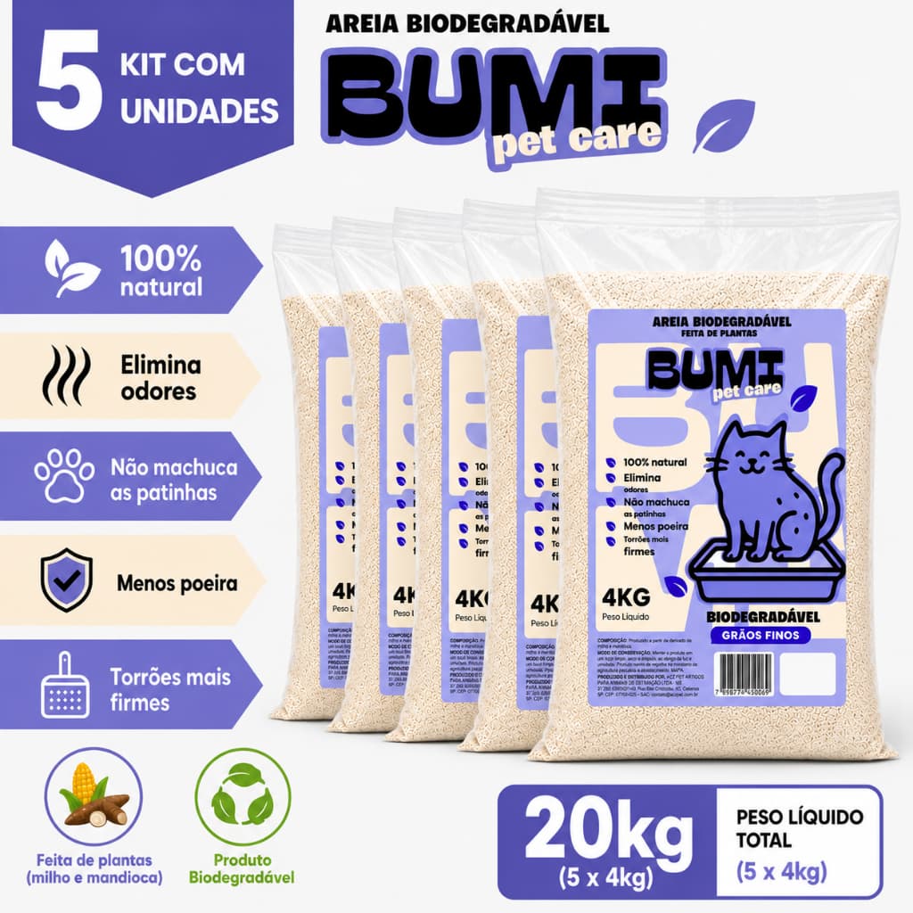 Areia Bumi Pet Mandioca Alta Absorção Anti Odor 20/12/8 kg Gatos