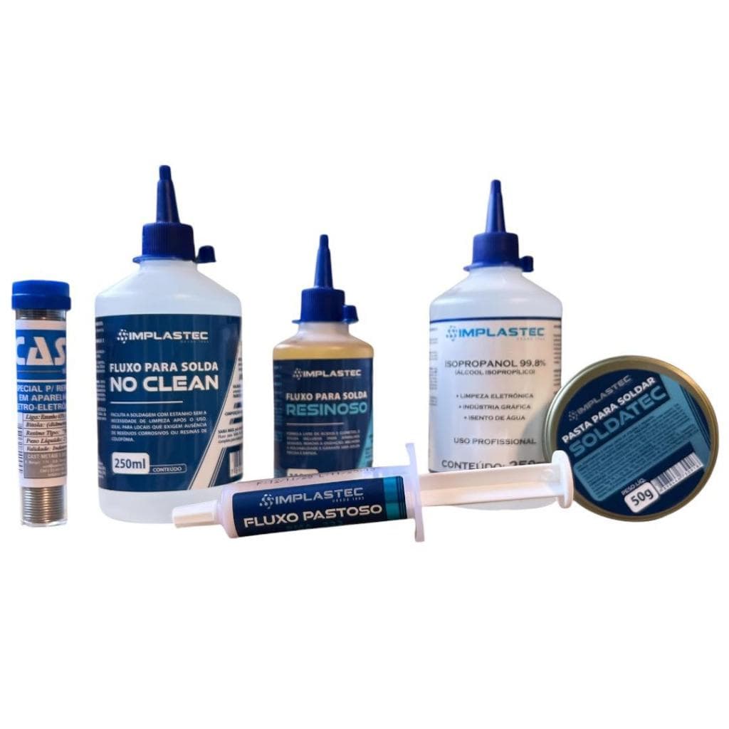 Kit Solda: Fluxo No Clean 250ml+Resinoso 110ml+Pastoso 10g+Soldatec 50g+Solvente 250ml+Tubinho 25g