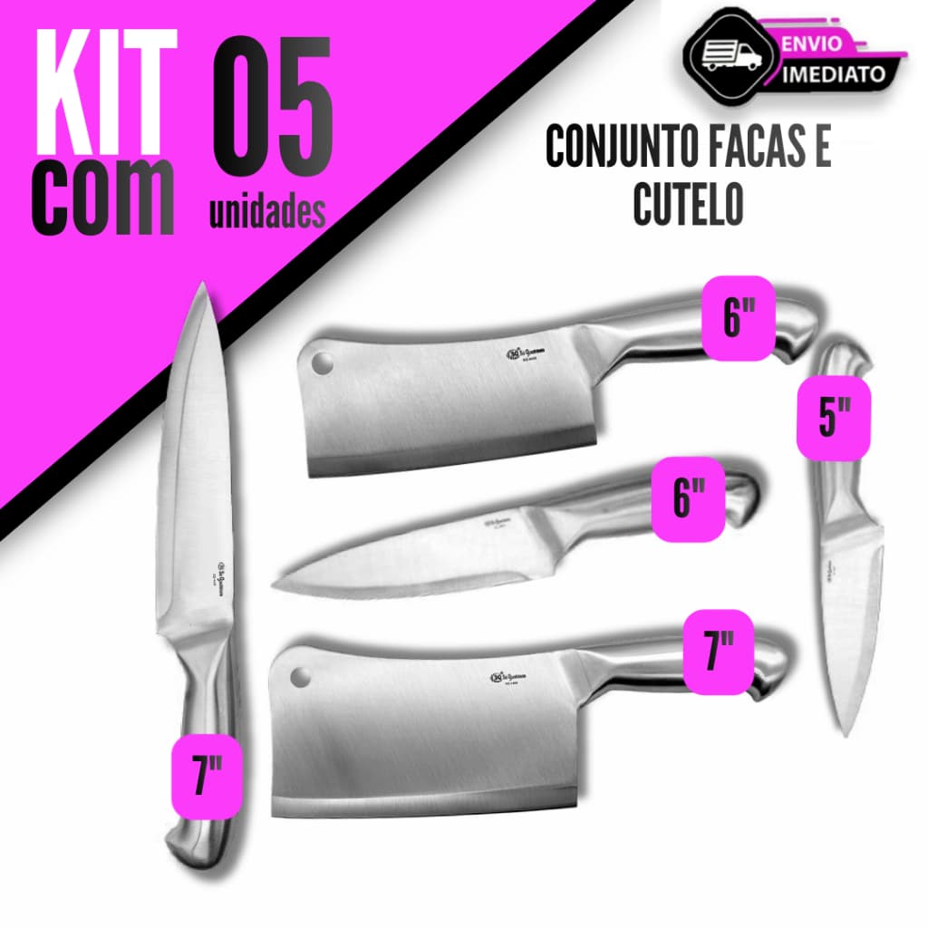 Kit 5 Facas 5" 6" 7" e Cutelo 6" 7" Aço Inox Cozinha Churrasco Açougue Chef