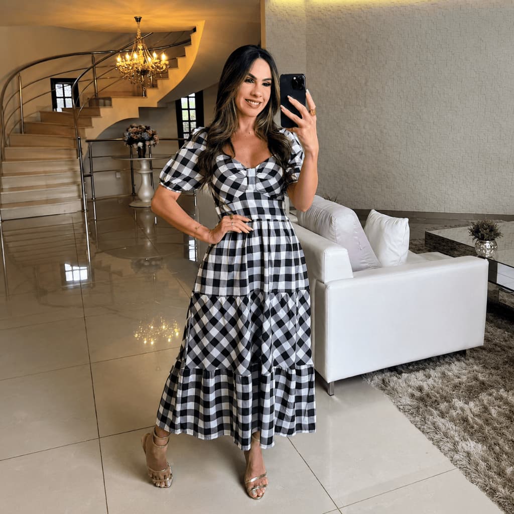 Vestido Isabela Xadrez Midi Manga Curta Moda Evangélica