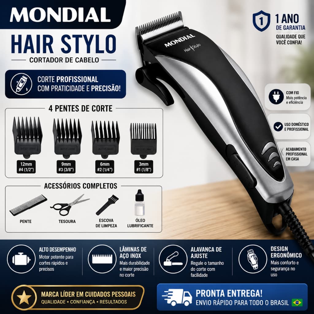maquina de cortar cabelo e barba 220V e 127V Mondial Hair Stylo CR-02  Lamina de Aco 4 Pentes e acessorios