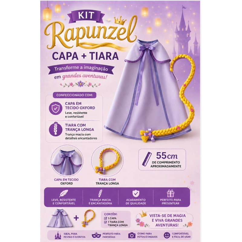 Capa Infantil Rapunzel com tiara com trança