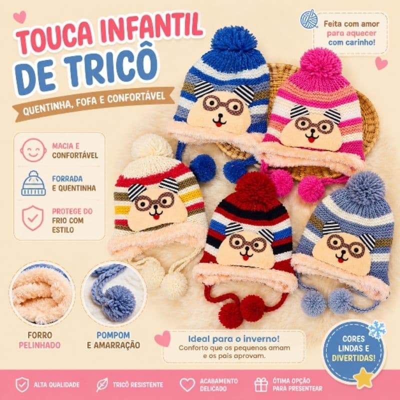 Touca de Lã forrada Infantil - Conforto para as crianças com material bem fofinho
