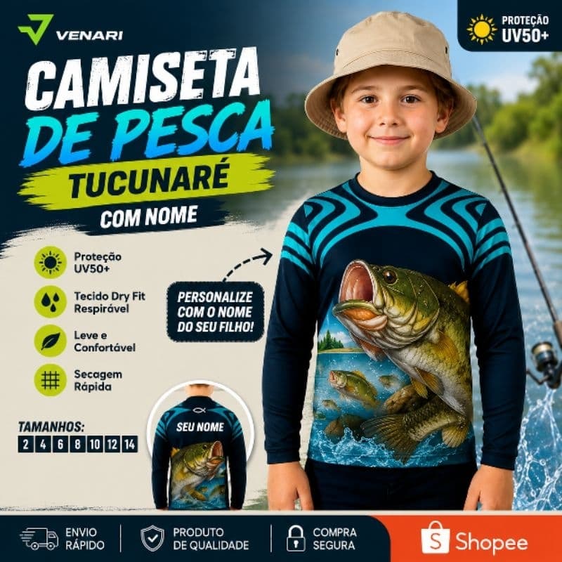 Camisa Infantil Pesca Peixe Tucunaré Camiseta Proteção Uv50 Pescaria Camiseta pesca com Seu nome Tal Pai Tal Filho
