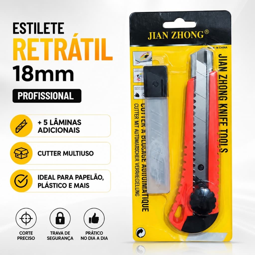 Estilete Retrátil 18mm Profissional + 5 Lâminas Adicionais Cutter Multiuso Papelão Plástico