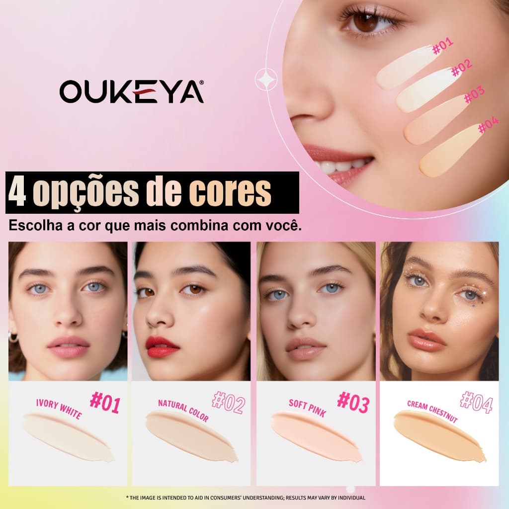 Base Cushion OUKEYA 4 Cores FPS30 Cobertura Leve Média Acabamento Natural Luminoso Maquiagem Facial