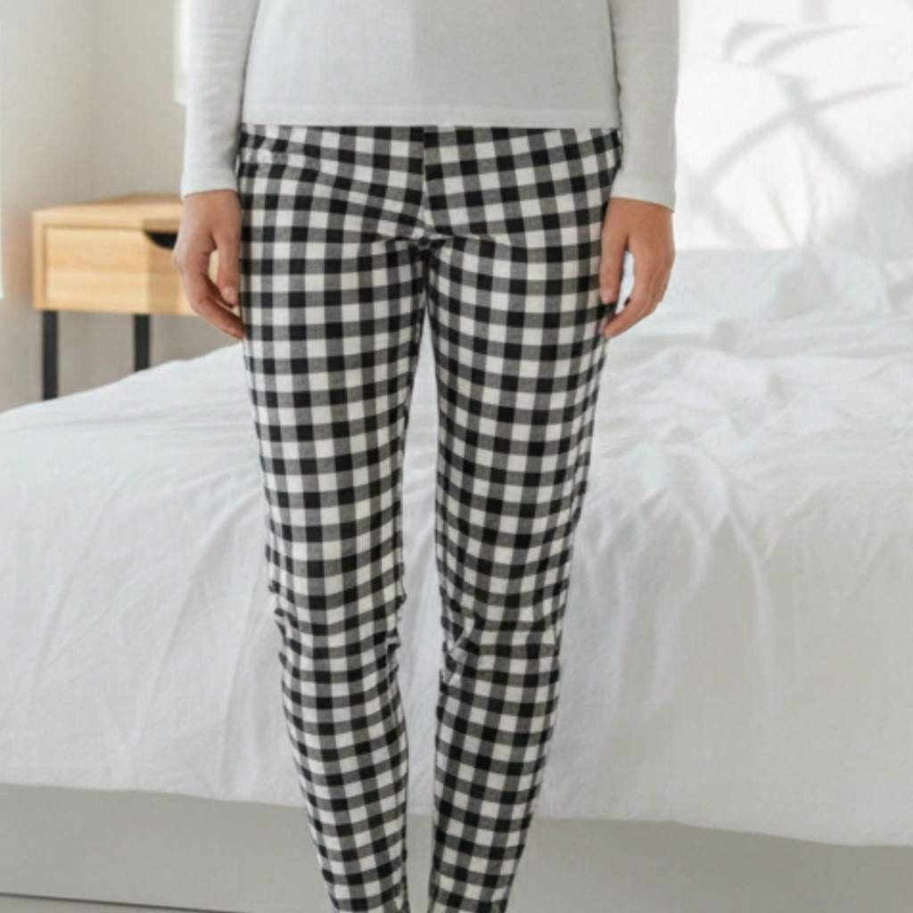 01 Un Calça Feminina Xadrez  Pijama Poliéster