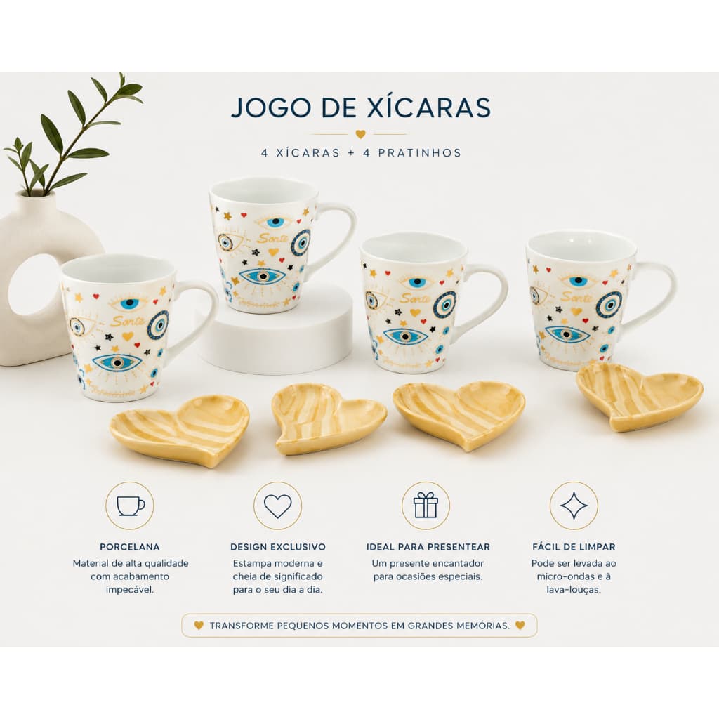 Kit 4 Xícaras Olho Grego Porcelana  Pires De Madeira Pinus