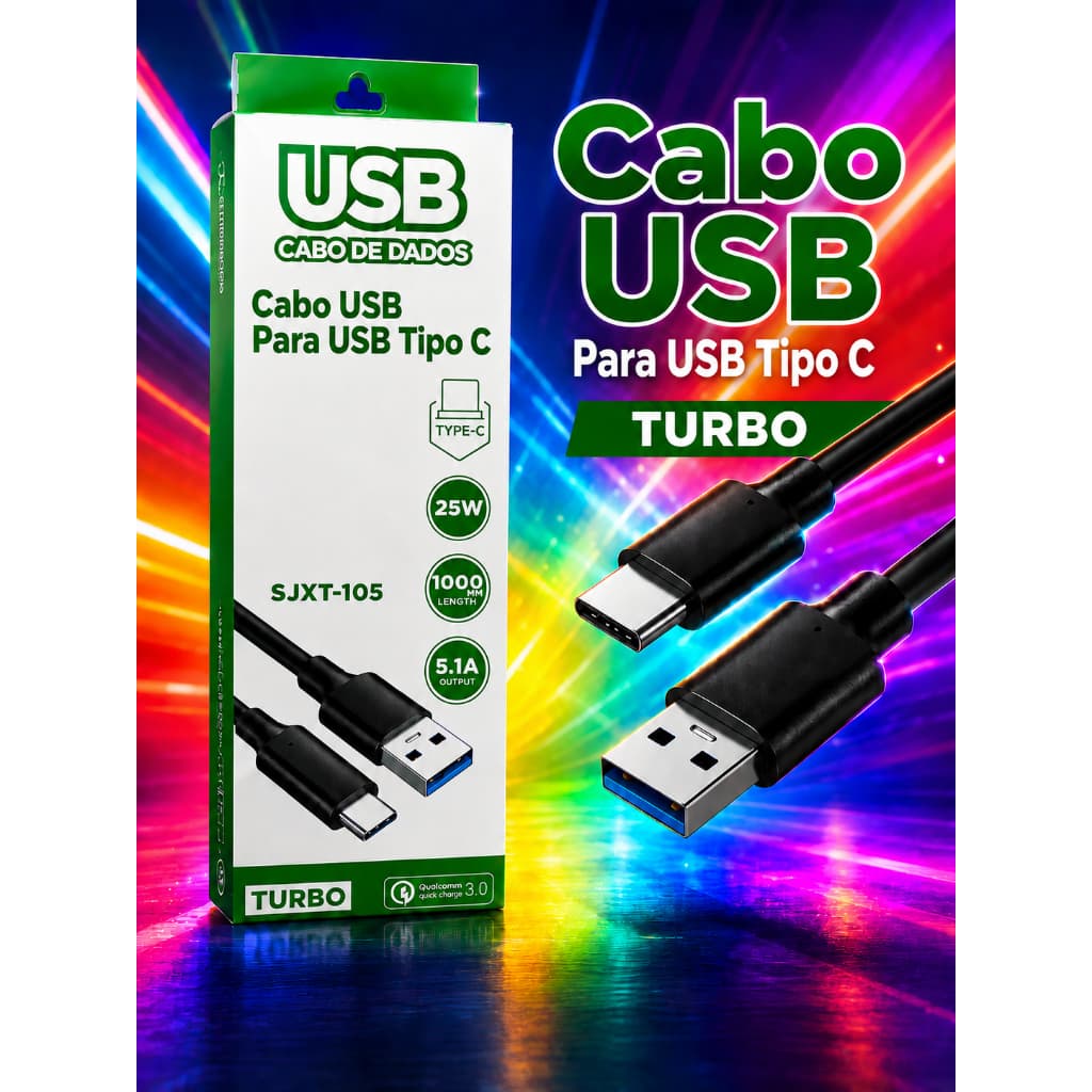 Cabo USB Tipo C Carregamento Dados Turbo 25 Watts 1 Metro 5.1A Celular Tablet Notebook Cor Preto