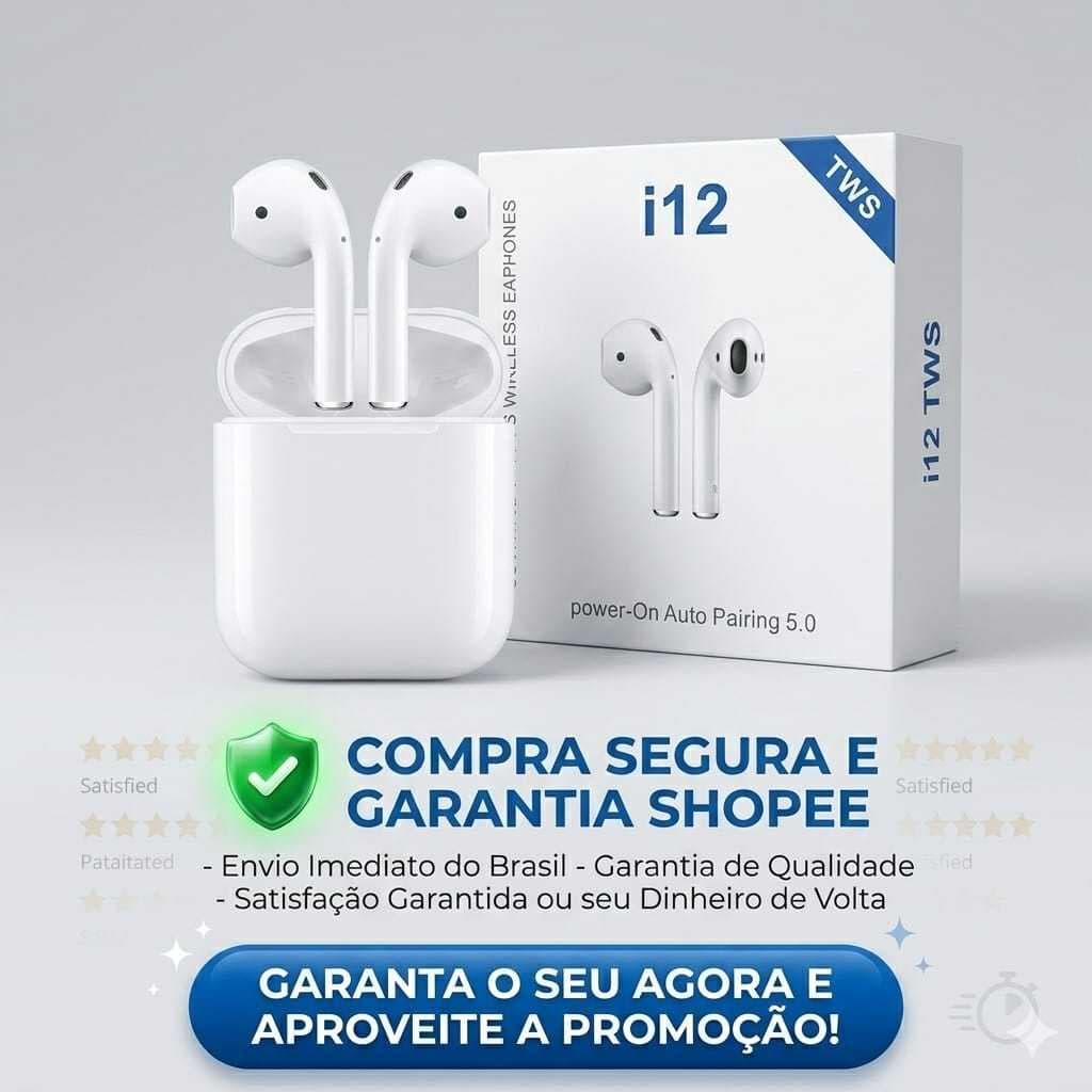 Fone De Ouvido TWS Bluetooth V5.0 Touch I-12 Som Alta Qualidade, Sem fio.