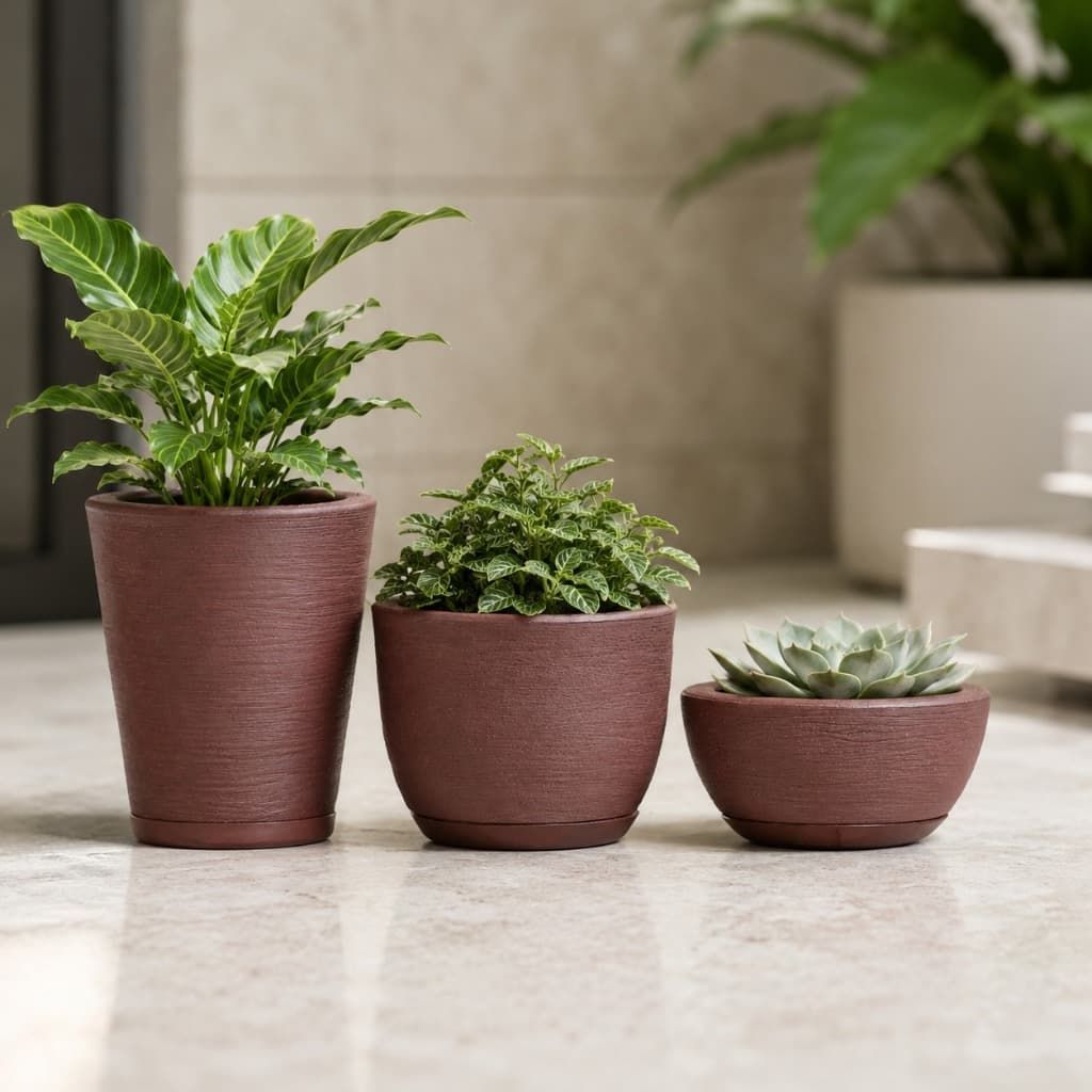 Kit 3 Vasos de Polietileno Escovados Decorativos para Plantas com Prato Coletor Coluna Bojo Bacia