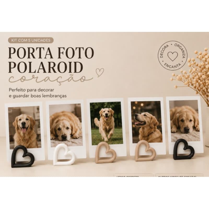 Kit com 5 porta fotos Polaroide coração  suporte decorativo minimalista fofo Porta Retrato