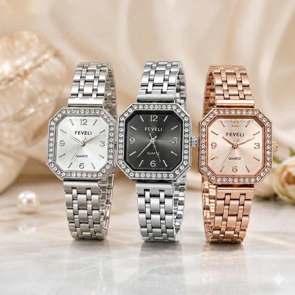 Relógio Feminino Luxo Prata e Rosé Pulseira Aço Inox com Strass Quartz