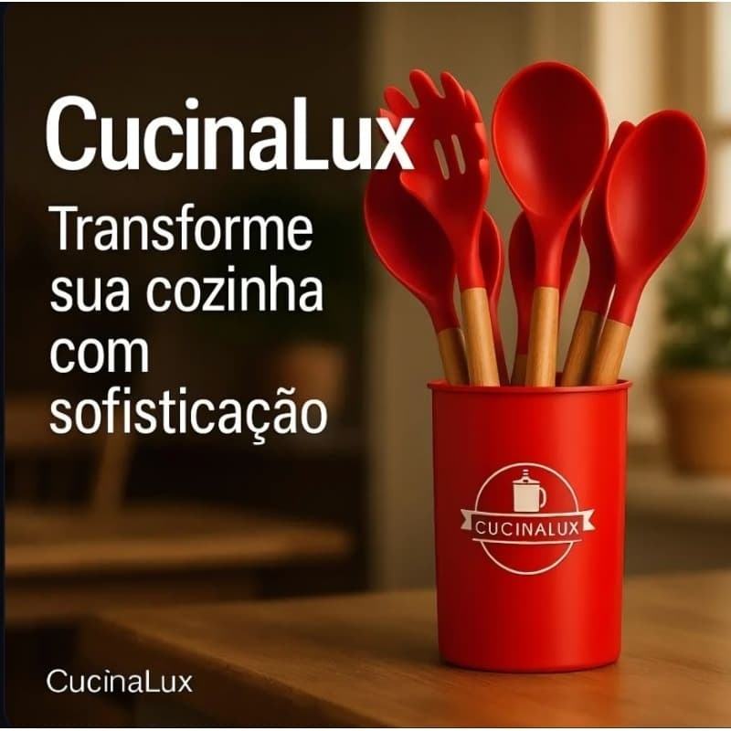 VERMELHO - Conjunto de Utensílios de Cozinha 12 Peças - Silicone e Cabo de Madeira