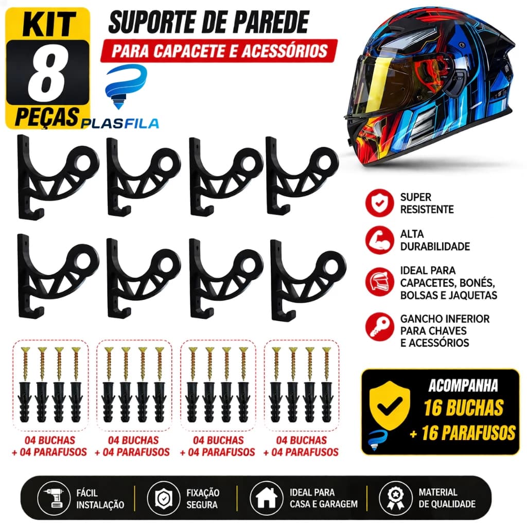 Kit 08 Suportes De Parede Para Capacete Moto Porta Chaves Gancho Multiuso Resistente Organizador Boné Bolsa Jaqueta