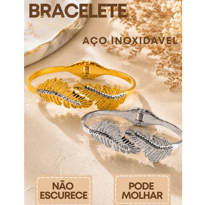 Kit 2 Braceletes Folhas Aço Inox 316L Premium Dourado e Prata com Zirconia Inspiração Grife