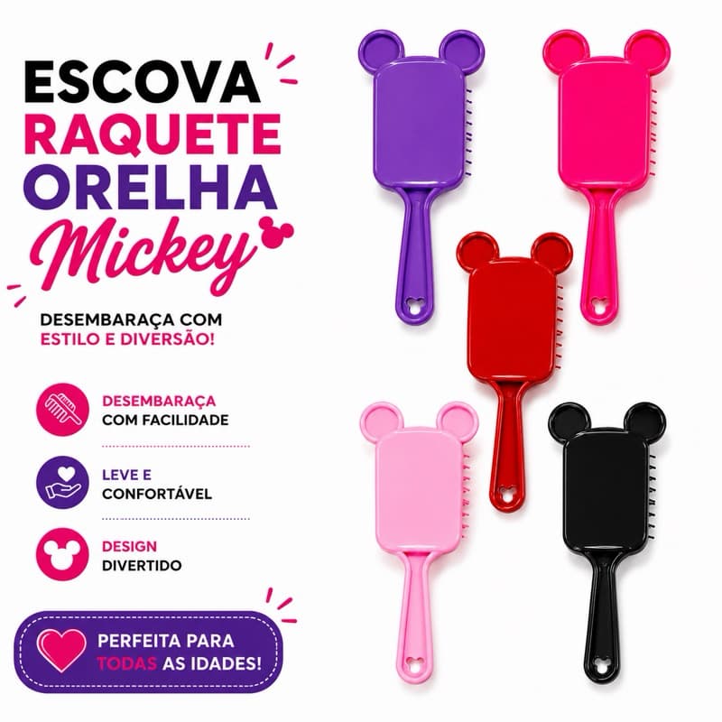 Kit 3/6/9 ou 12 Escovas de Cabelo Raquete Orelha Mickey Feminina Desembaraçante Mágica Antifrizz