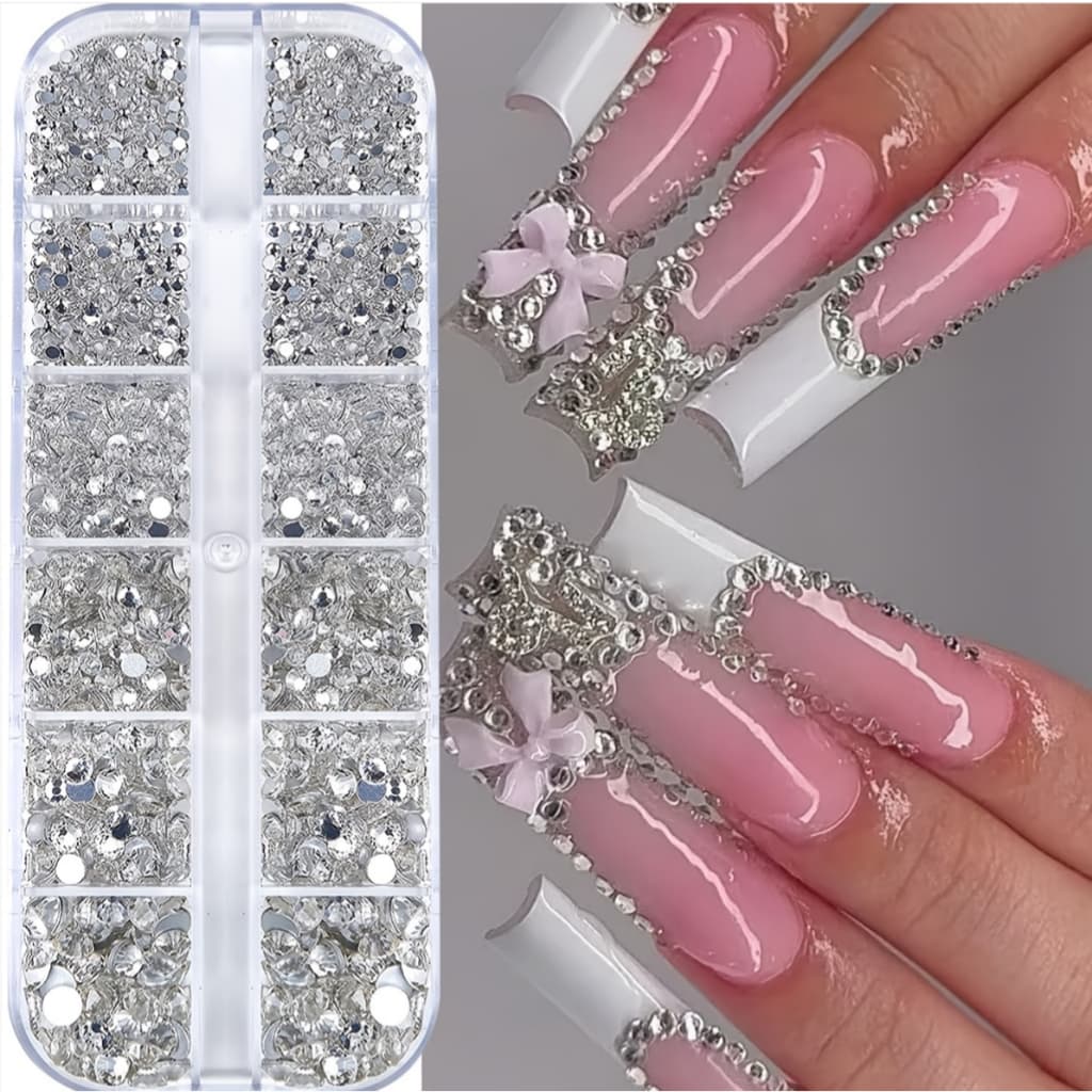 Kit Com 12 Strass Pedrinhas Brilhantes de Múltiplos Tamanhos Prata Coloridos