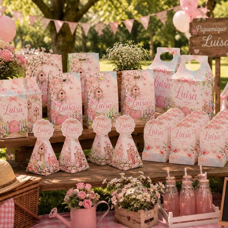 Kits Lembrancinhas Jardim Encantado Luxo Personalizado - Nome e Idade - Envio Rápido - Caixas Pirâmide Milk Sacolinhas