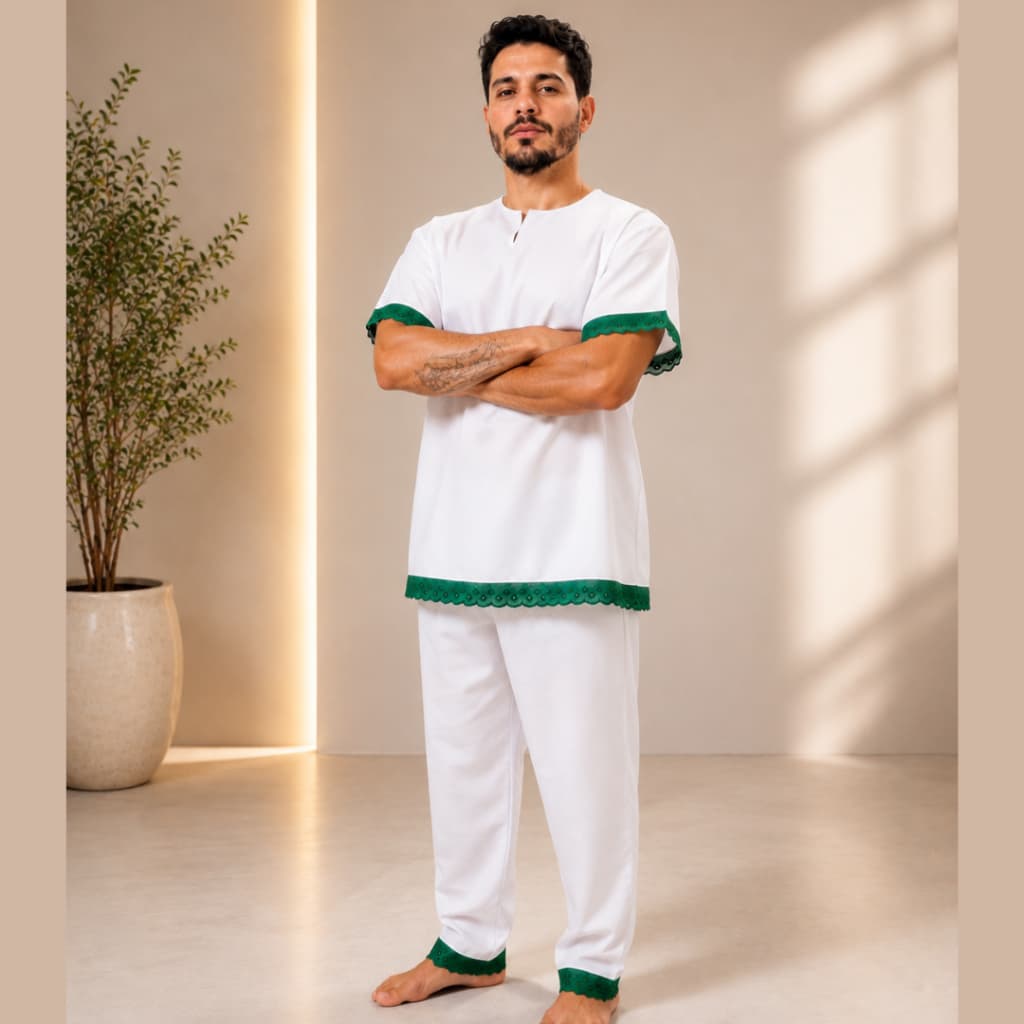 Conjunto Masculino Umbanda e Candomblé Bordado Luxo Verde Oxossi e Caboclo Premium 2 peças
