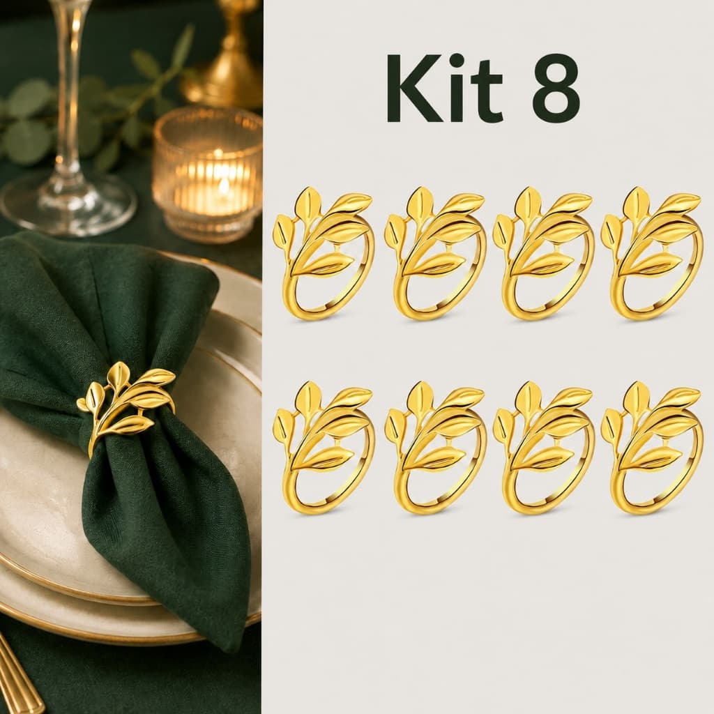 Kit 6/8 porta guardanapos - anéis de guardanapos de metal Folhas /  ramos dourado