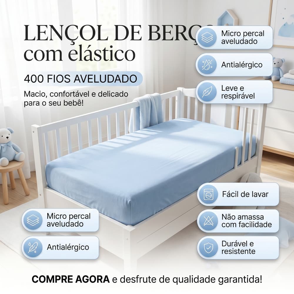 Lençol de Berço com Elástico Avulso  400 Fios Aveludado Importado - Macio e Confortável