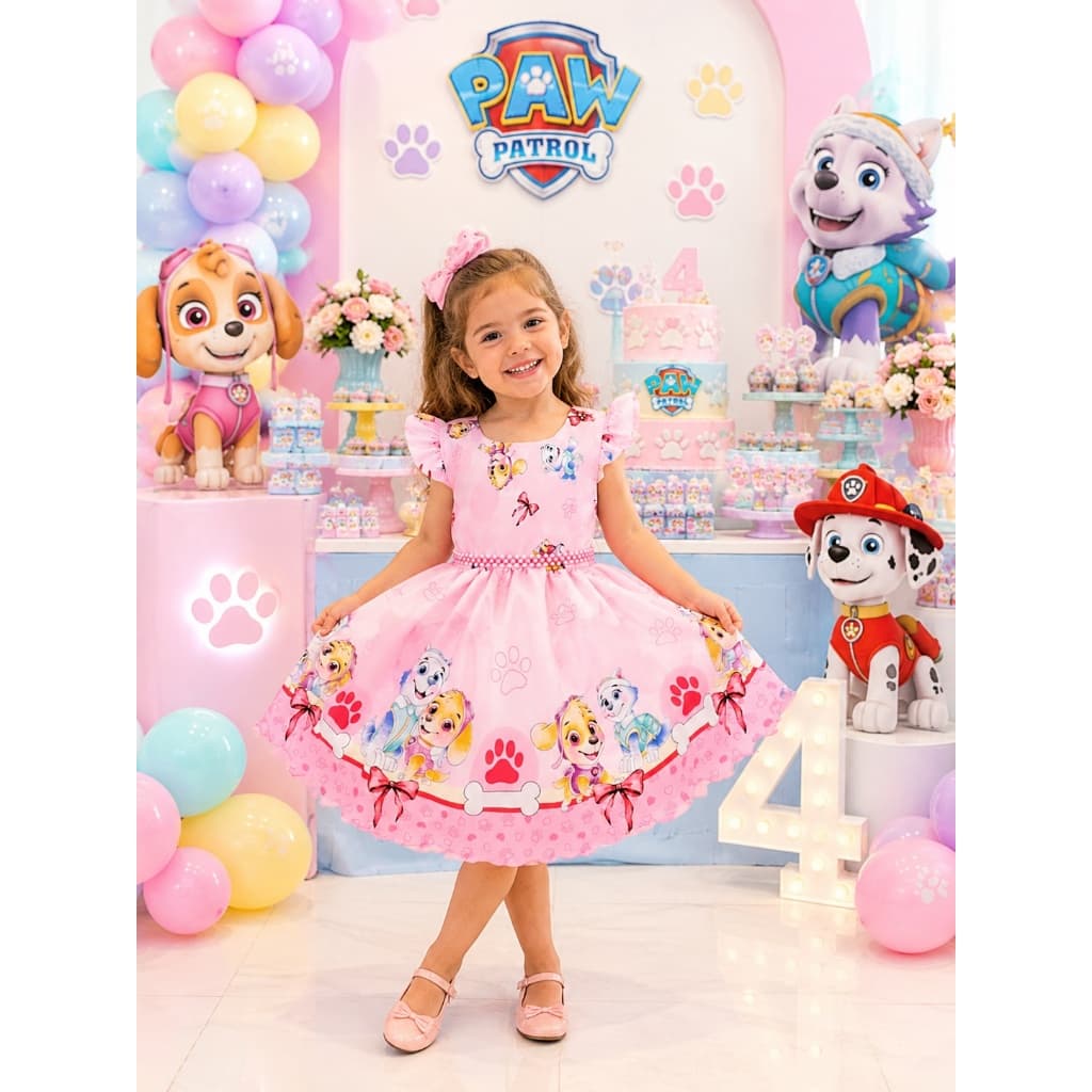 Vestido Patrulha Canina Rosa Festa Luxo Aniversário Skye Menina 1 a 8 Anos